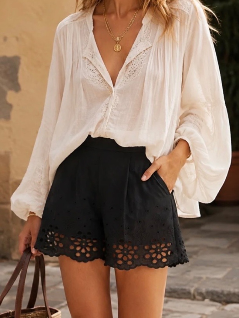 BLACK HIGH WAIST SHORTS WITH FLORAL EYELETS SIZE SMALL - NWT